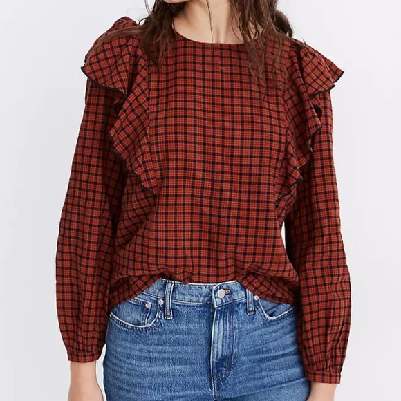 Madewell Tops - Madewell Ruffle Front Plaid Orange Top Blouse S